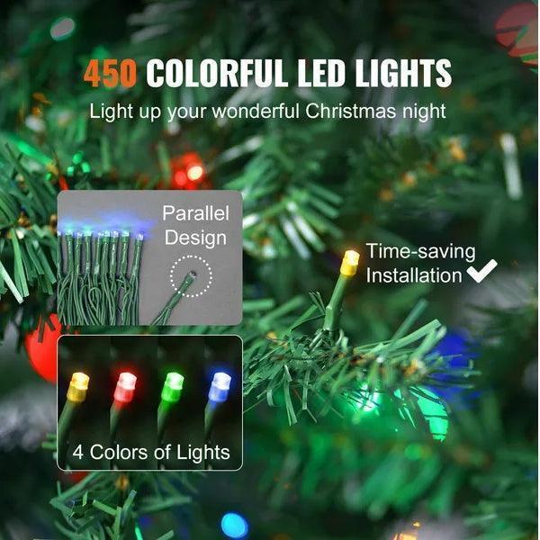 VEVOR Christmas Tree, 6.5ft Prelit Artificial Xmas Tree, Full Holiday Decor Tree With 450 Multi-Color LED Lights, 1227 Branch Tips, Metal Base For Home Party Office Decoration