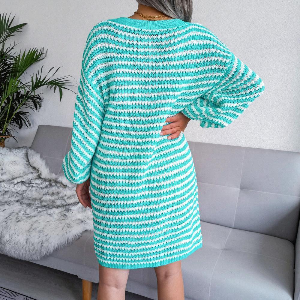 Ins Striped Sweater Dress V-neck Long Sleeve Dresses For Women