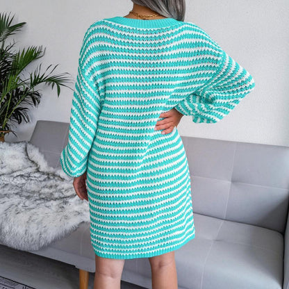 Ins Striped Sweater Dress V-neck Long Sleeve Dresses For Women