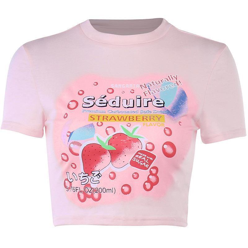 Crewneck Pink Printed Short-sleeved Summer Blouse For Women