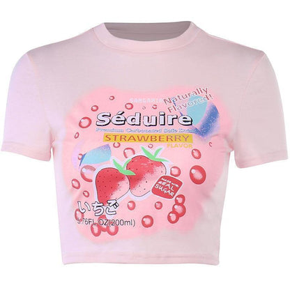 Crewneck Pink Printed Short-sleeved Summer Blouse For Women