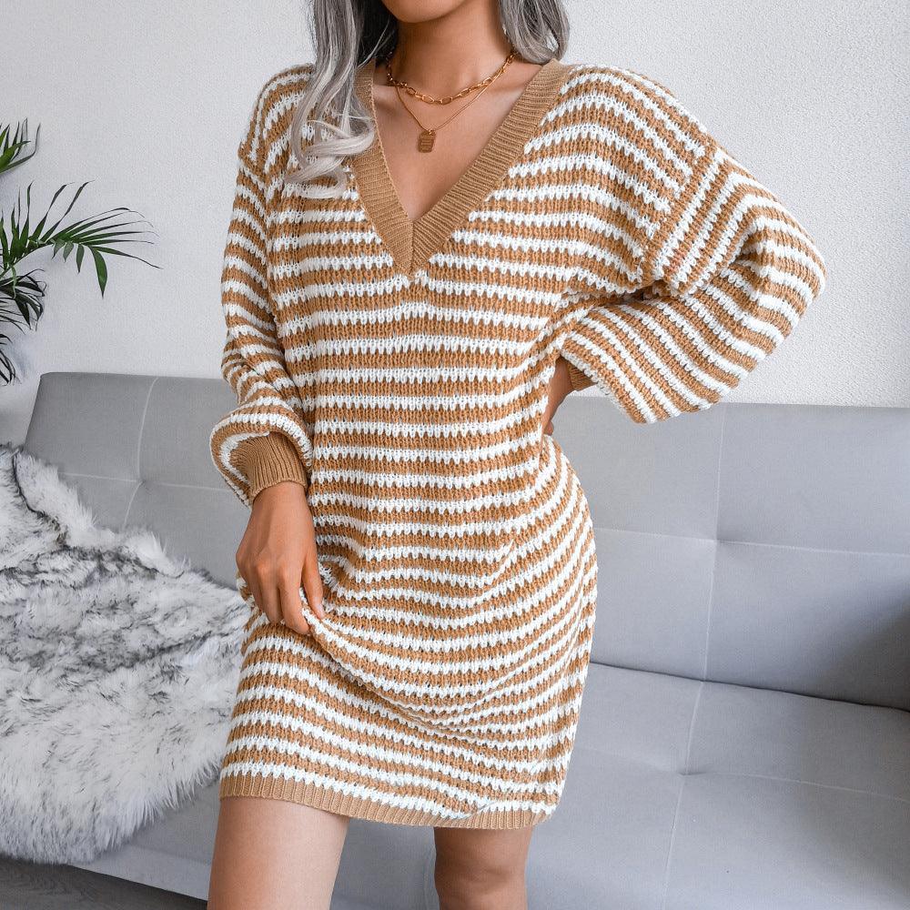 Ins Striped Sweater Dress V-neck Long Sleeve Dresses For Women